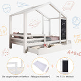 Lit cabane enfant 90×200 cm en bois massif blanc avec tableau, 2 tiroirs, sommier à lattes et barrières de sécurité (sans matelas)