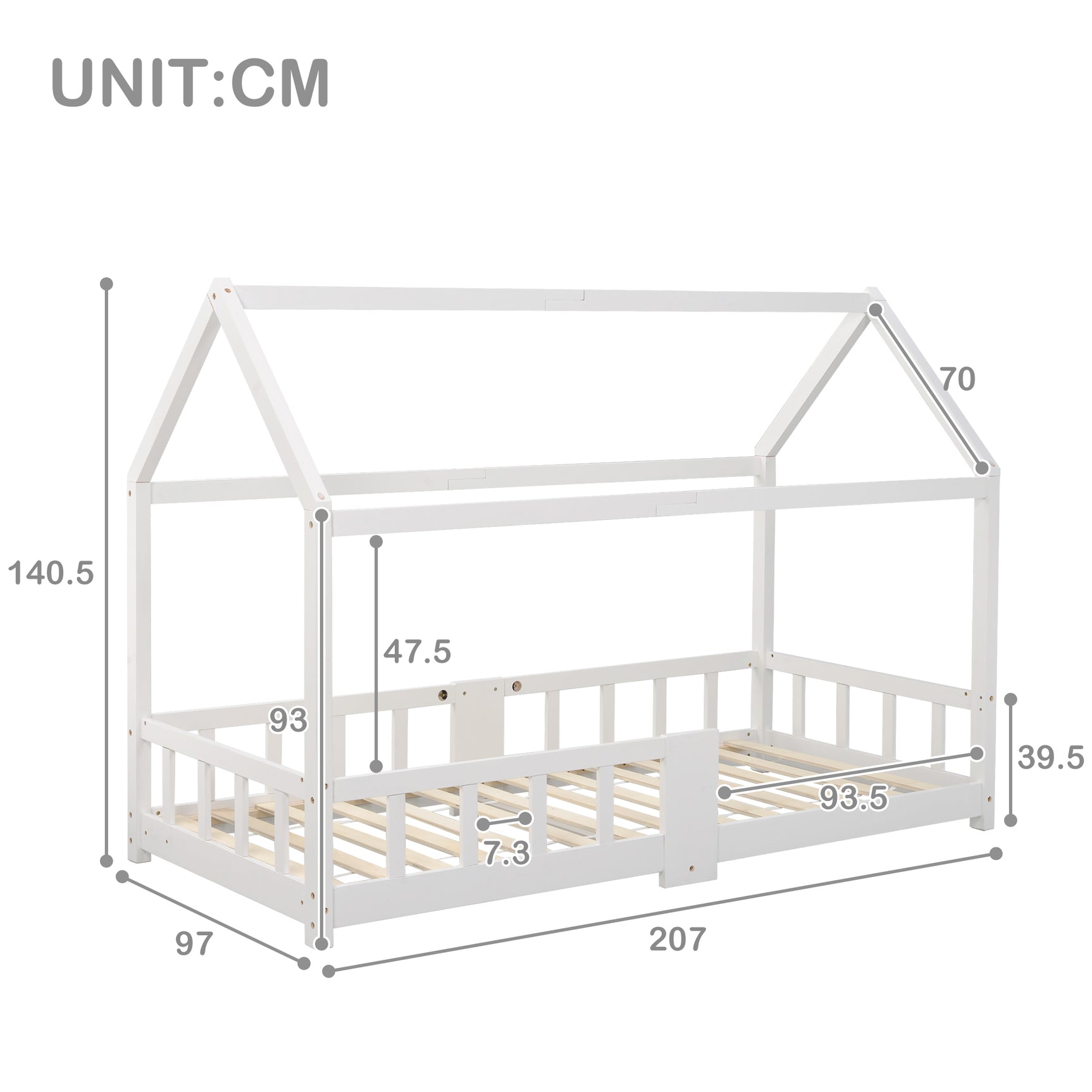 Cabin bed children 90x200 cm white in solid wood with blackboard, slatted box spring and safety barriers, without mattresses