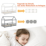 Lit cabane enfant 90x200 cm gris en bois massif avec tableau noir, sommier à lattes et barrières de sécurité, sans matelas
