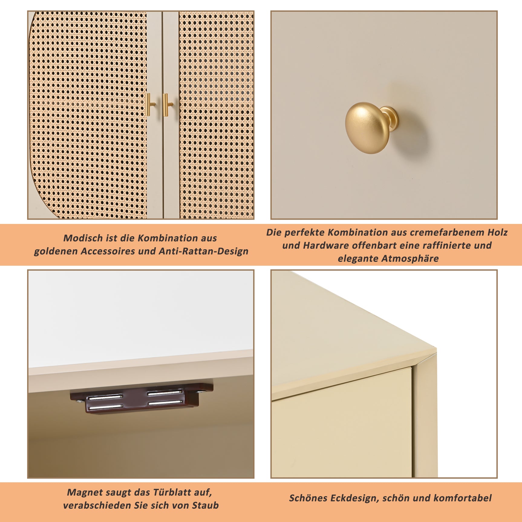 Salon and dining room buffet in broken white with rattan doors and 3 drawers, modern storage unit 120 cm wide
