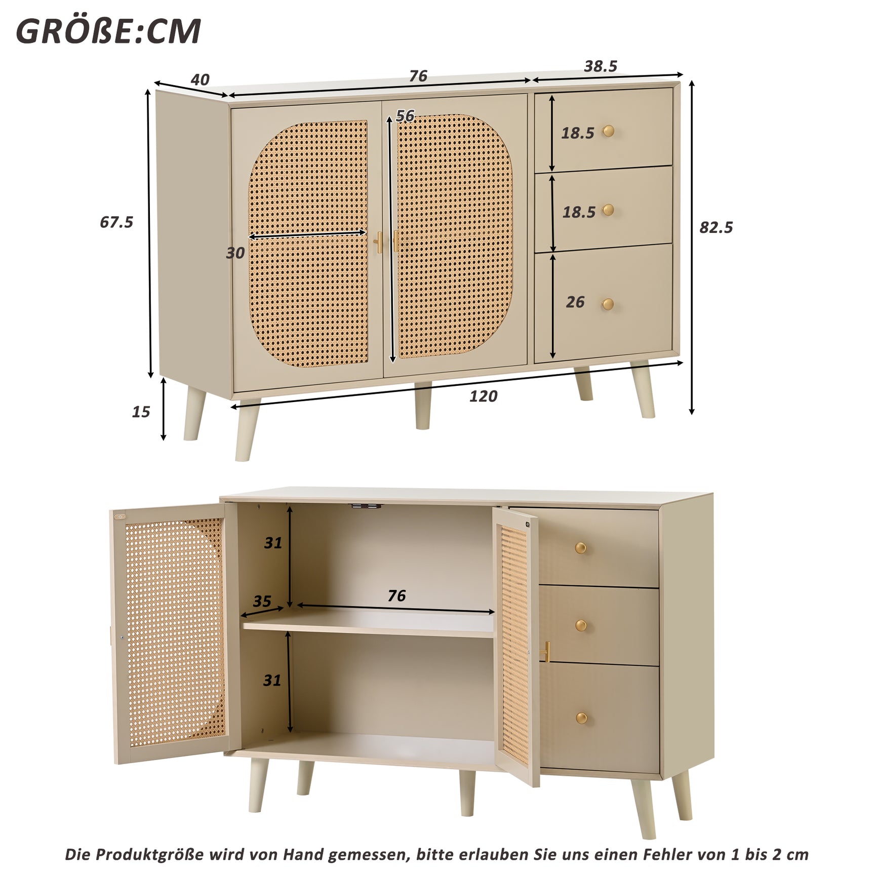 Salon and dining room buffet in broken white with rattan doors and 3 drawers, modern storage unit 120 cm wide