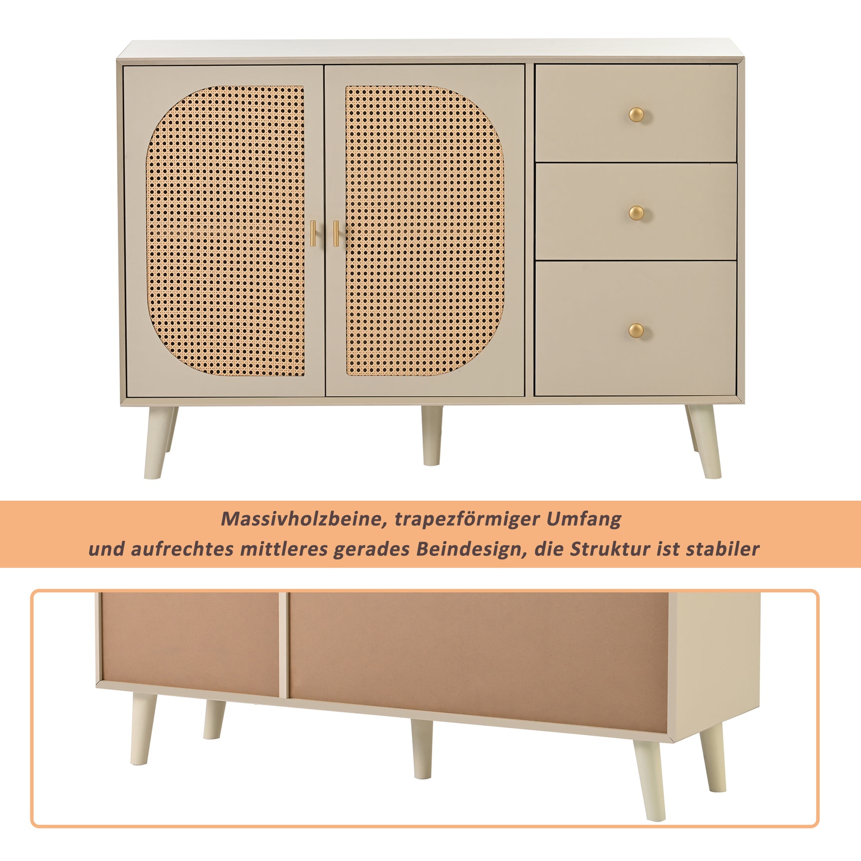Salon and dining room buffet in broken white with rattan doors and 3 drawers, modern storage unit 120 cm wide