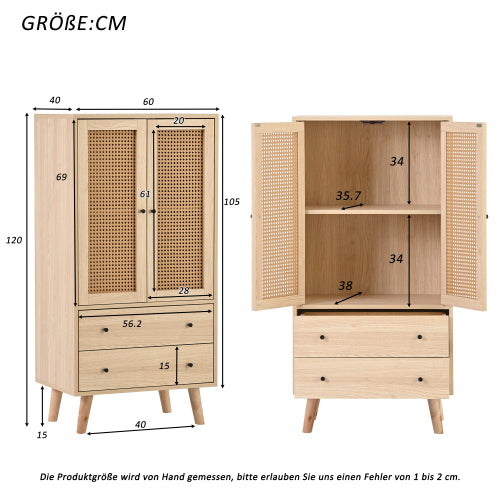 Wooden top buffet modern style with rattan doors and drawers - 60 x 40 x 120 cm