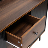 Buffet moderne noir et bois avec 3 tiroirs et portes coulissantes striées