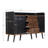 Buffet moderne noir et bois avec 3 tiroirs et portes coulissantes striées