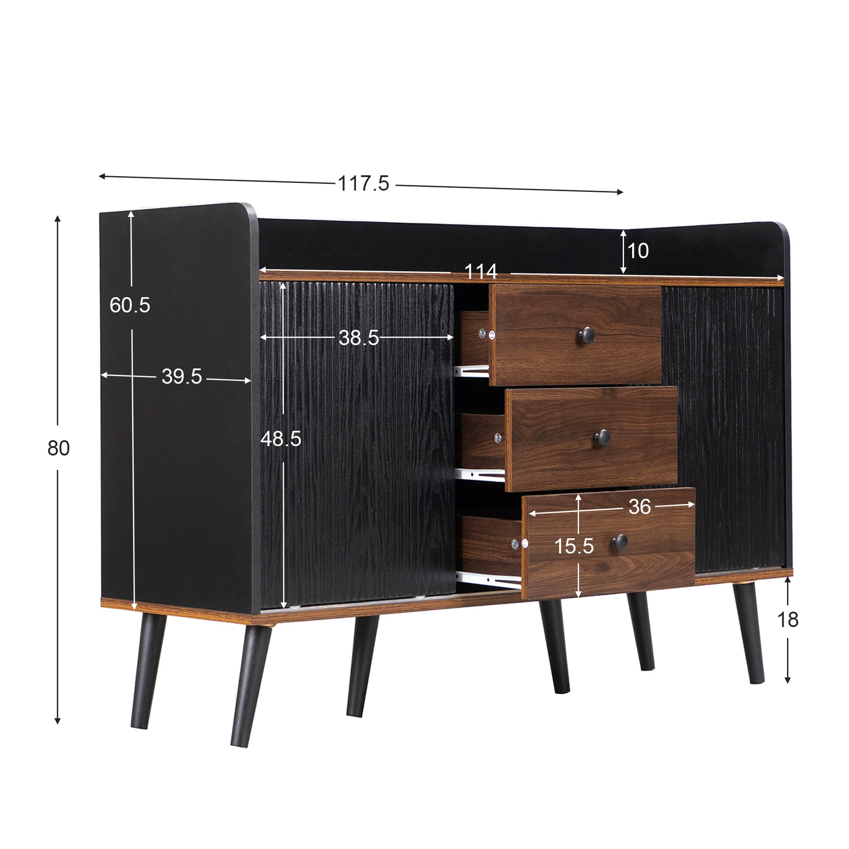 Buffet moderne noir et bois avec 3 tiroirs et portes coulissantes striées