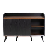 Buffet moderne noir et bois avec 3 tiroirs et portes coulissantes striées