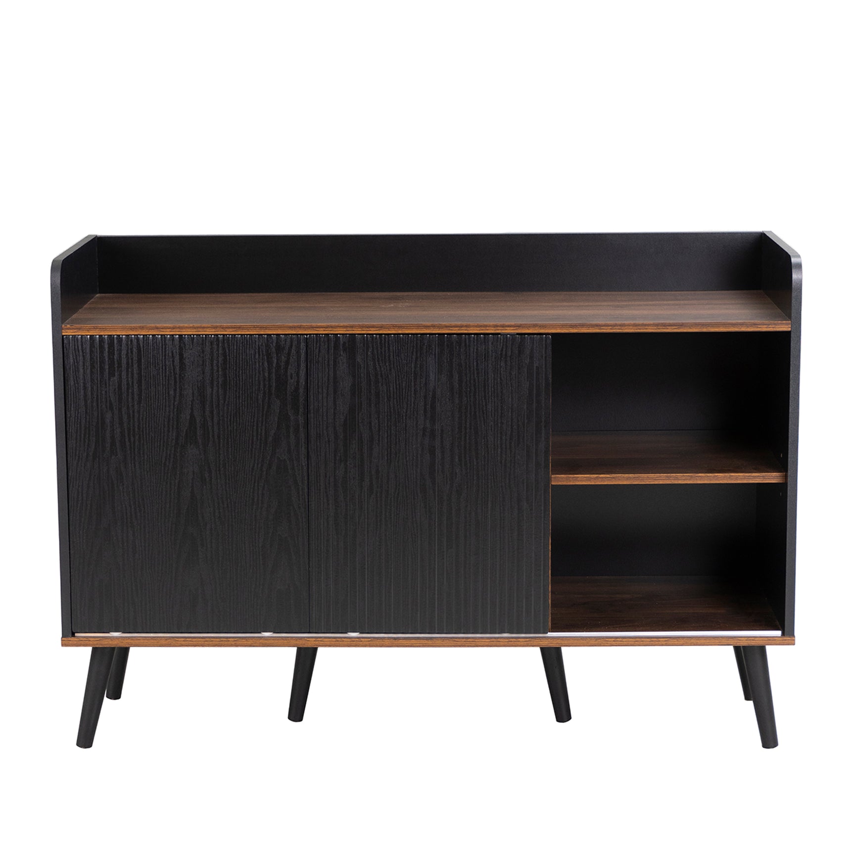 Buffet moderne noir et bois avec 3 tiroirs et portes coulissantes striées