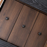 Buffet moderne noir et bois avec 3 tiroirs et portes coulissantes striées
