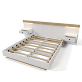 Doppelbett 140x200 cm mit Boxfeder, Kopfteil und 2 LED-Nachttischen mit integrierten USB-C-Anschlüssen (ohne Matratzen), 205x244x90,5 cm