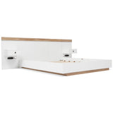 Doppelbett 140x200 cm mit Boxfeder, Kopfteil und 2 LED-Nachttischen mit integrierten USB-C-Anschlüssen (ohne Matratzen), 205x244x90,5 cm