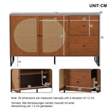 Buffet en noyer avec 2 portes en rotin et 2 tiroirs