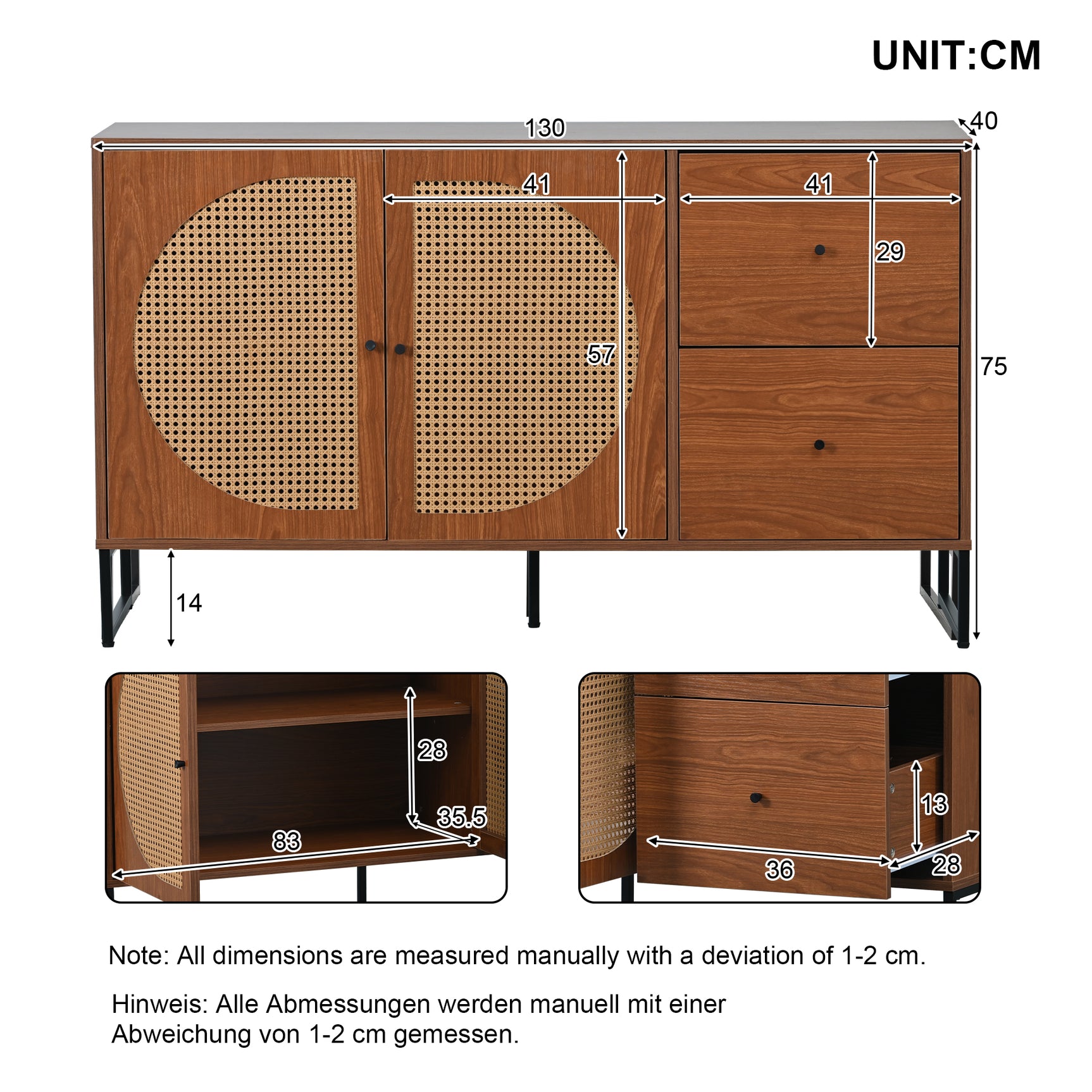 Buffet en noyer avec 2 portes en rotin et 2 tiroirs