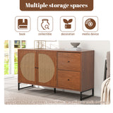Buffet en noyer avec 2 portes en rotin et 2 tiroirs