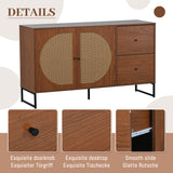 Buffet en noyer avec 2 portes en rotin et 2 tiroirs