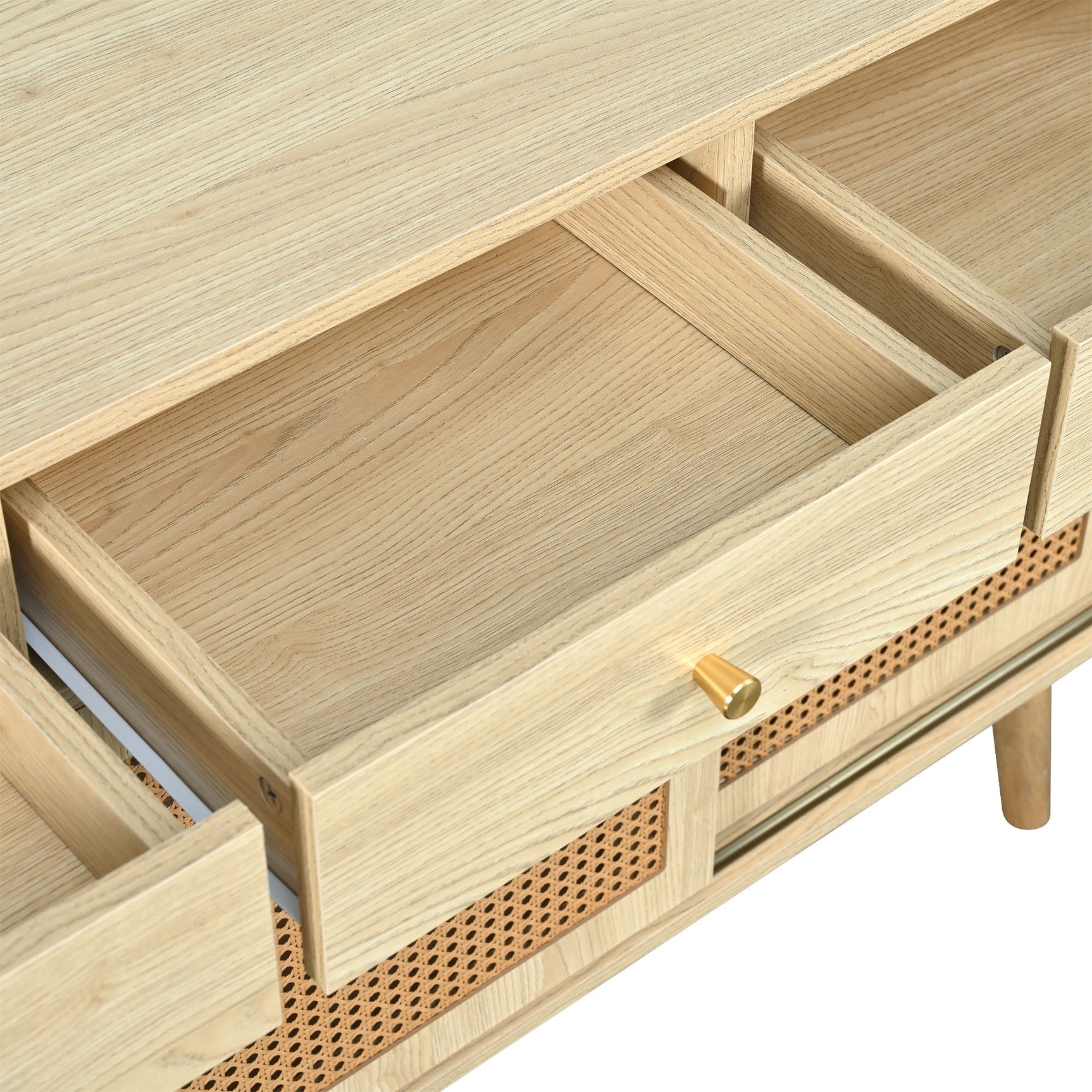 Buffet rétro en bois chêne avec 3 tiroirs, 3 portes coulissantes en rotin et étagères réglables â€?120x40x78 cm