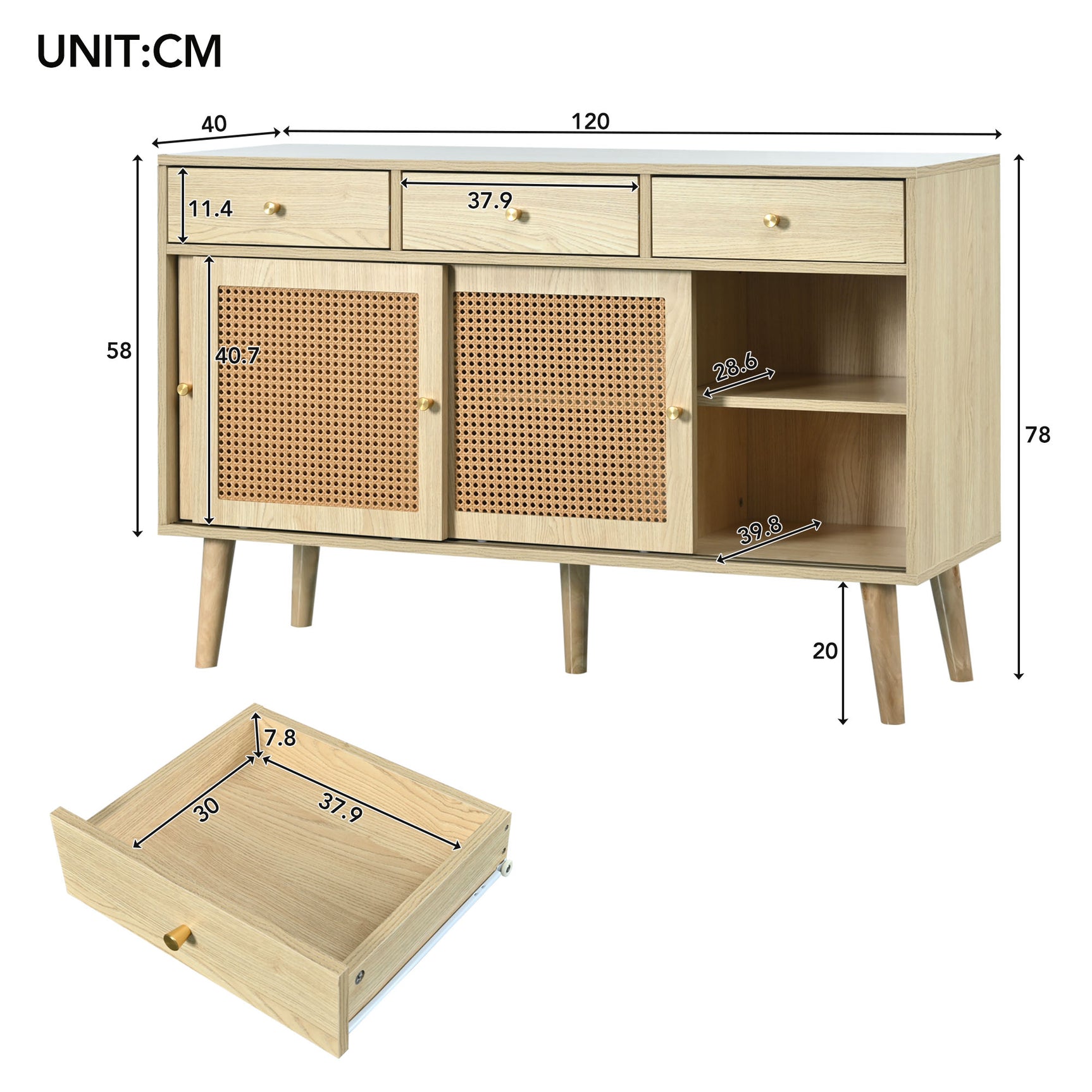 Buffet rétro en bois chêne avec 3 tiroirs, 3 portes coulissantes en rotin et étagères réglables â€?120x40x78 cm