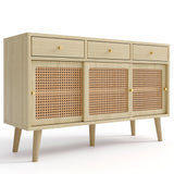 Buffet rétro en bois chêne avec 3 tiroirs, 3 portes coulissantes en rotin et étagères réglables â€?120x40x78 cm
