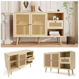 Holzbuffet Eiche Finish mit 1 Schublade und 2 Rattan -Magnettüren, verstellbaren Regalen und festen Holzfüßen für elegante und praktische Lagerung. - 120x40x80 cm