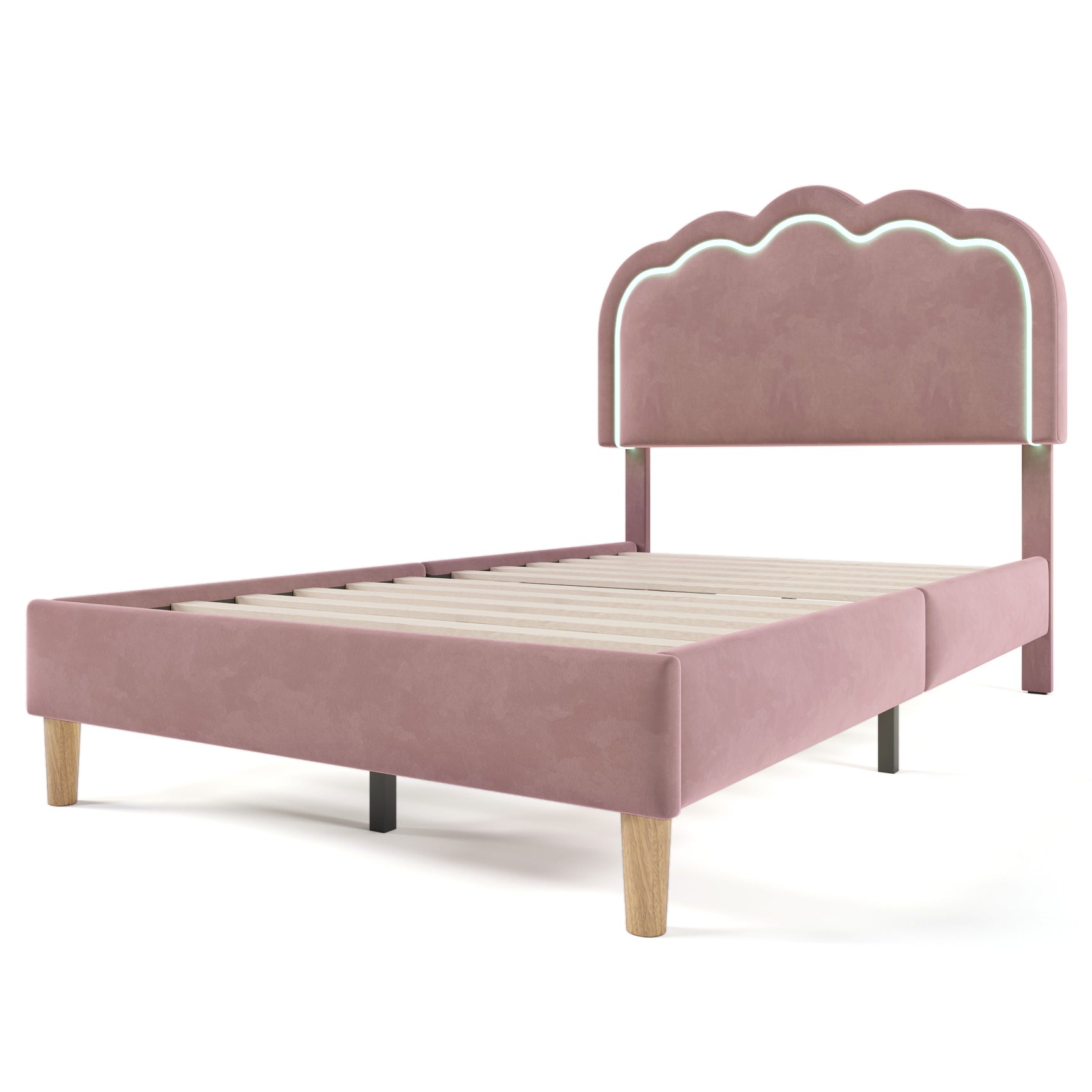 Packaged children's bed 90 × 190 cm with LEDs, in pink velvet with adjustable headboard and slatted base (without mattresses)