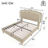 LED -gepolstertes Doppelbett 140 × 200 cm in beige Leinen mit einstellbarem Kopfteil und Basis (ohne Matratzen)