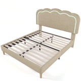 LED -gepolstertes Doppelbett 140 × 200 cm in beige Leinen mit einstellbarem Kopfteil und Basis (ohne Matratzen)