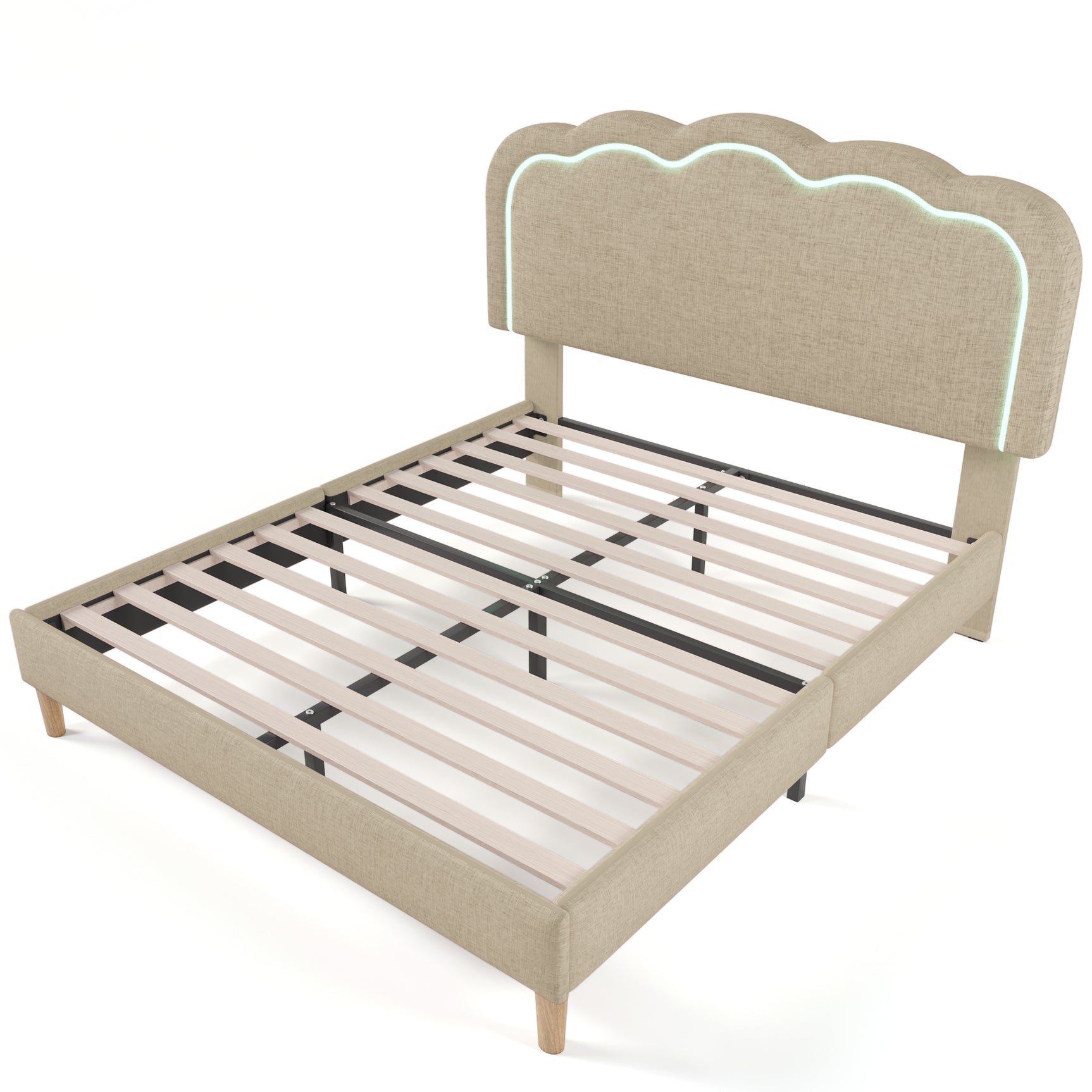 LED -gepolstertes Doppelbett 140 × 200 cm in beige Leinen mit einstellbarem Kopfteil und Basis (ohne Matratzen)