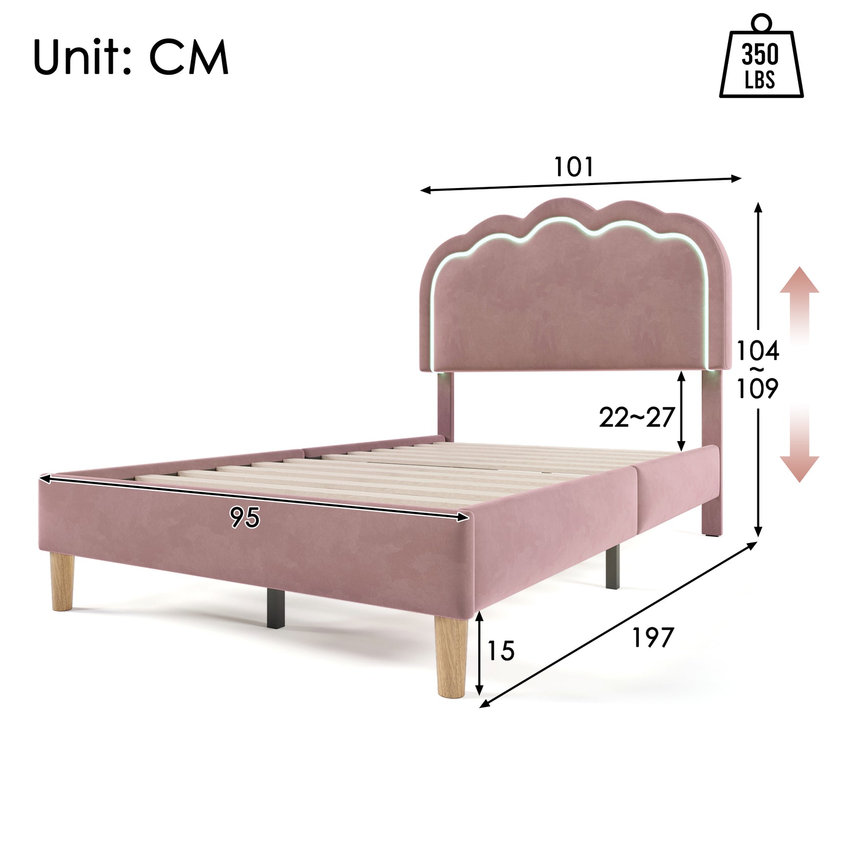 Packaged children's bed 90 × 190 cm with LEDs, in pink velvet with adjustable headboard and slatted base (without mattresses)