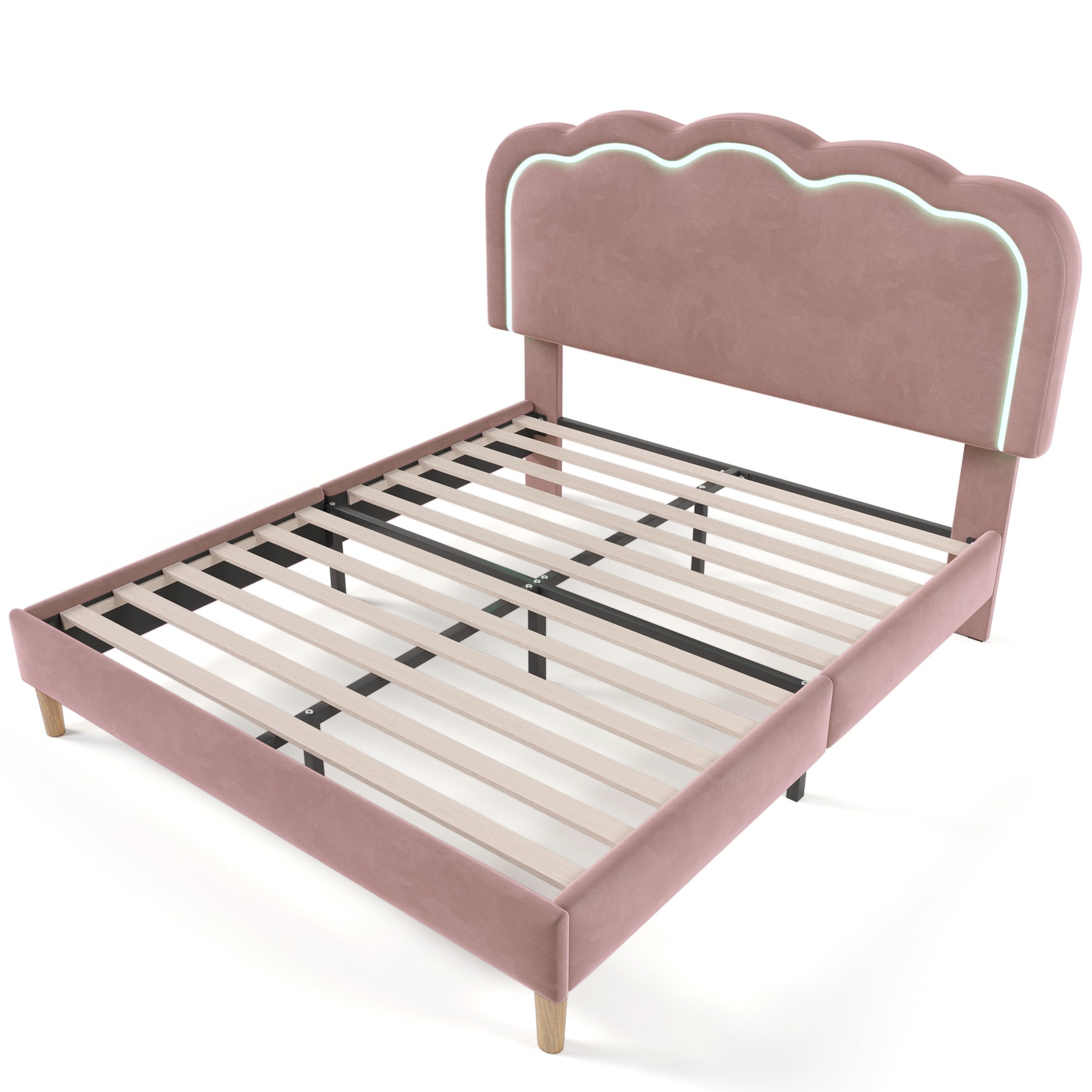 LED -gepolstertes Doppelbett 140 × 200 cm in rosa Samt mit einstellbarem Kopfteil und Basis (ohne Matratzen)