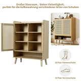 Meuble à chaussures en rotin naturel 80x35x105 cm avec 2 portes, 5 étagères fixes, poignées et pieds en bois massif, idéal pour entrée et couloir