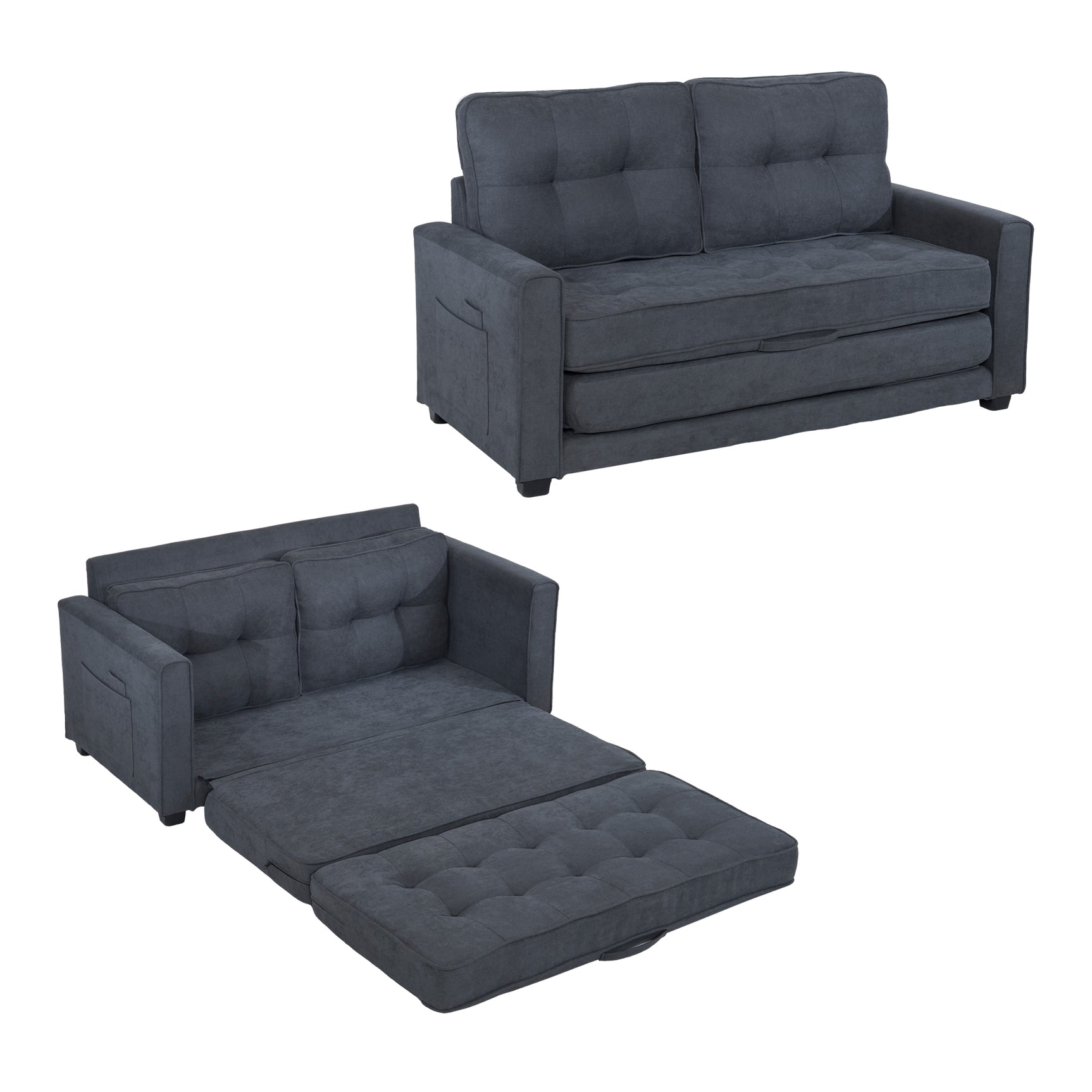 2-Sitzer-Schlafsofa aus dunkelgrauem Stoff mit Seitentaschen, modernes Schlafsofa