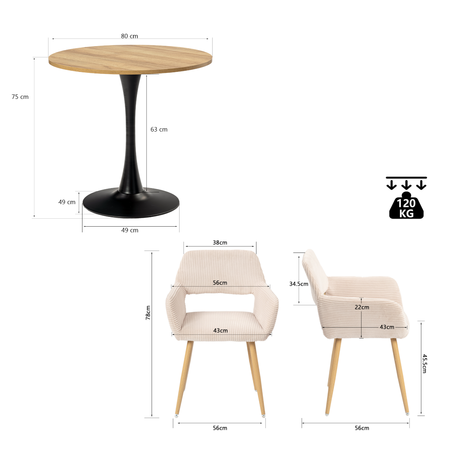 Ensemble de salle à manger de style scandinave comprenant une table ronde en chêne et 2 chaises en velours côtelé beige