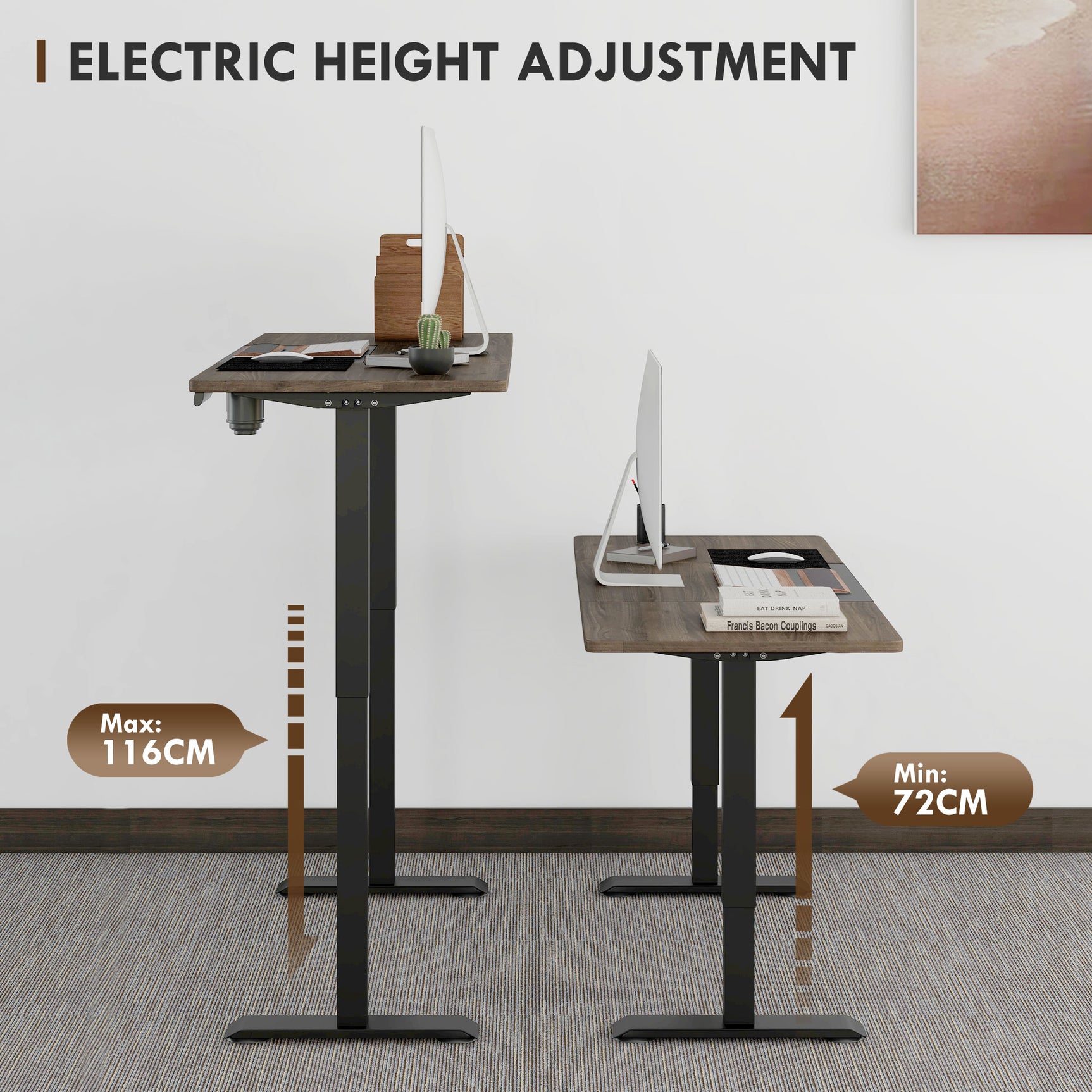 Table de bureau électrique réglable en hauteur 140x70 cm Stehschreibtisch avec moteur, cadre en métal, design nature+noir pour bureau et espace de travail