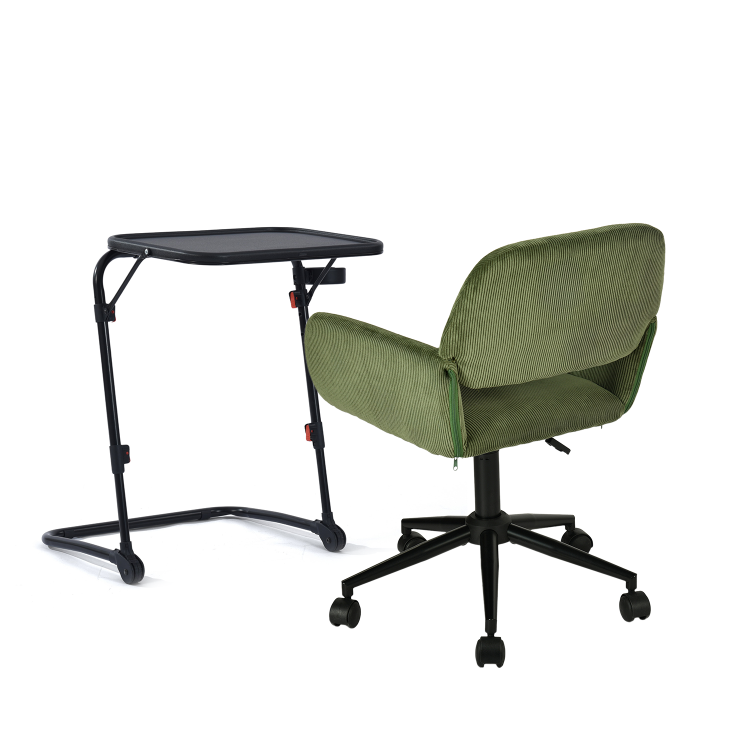 Ensemble avec table d’appoint noire pliable et fauteuil de bureau en velours côtelé vert olive - BASELINE & ROSS
