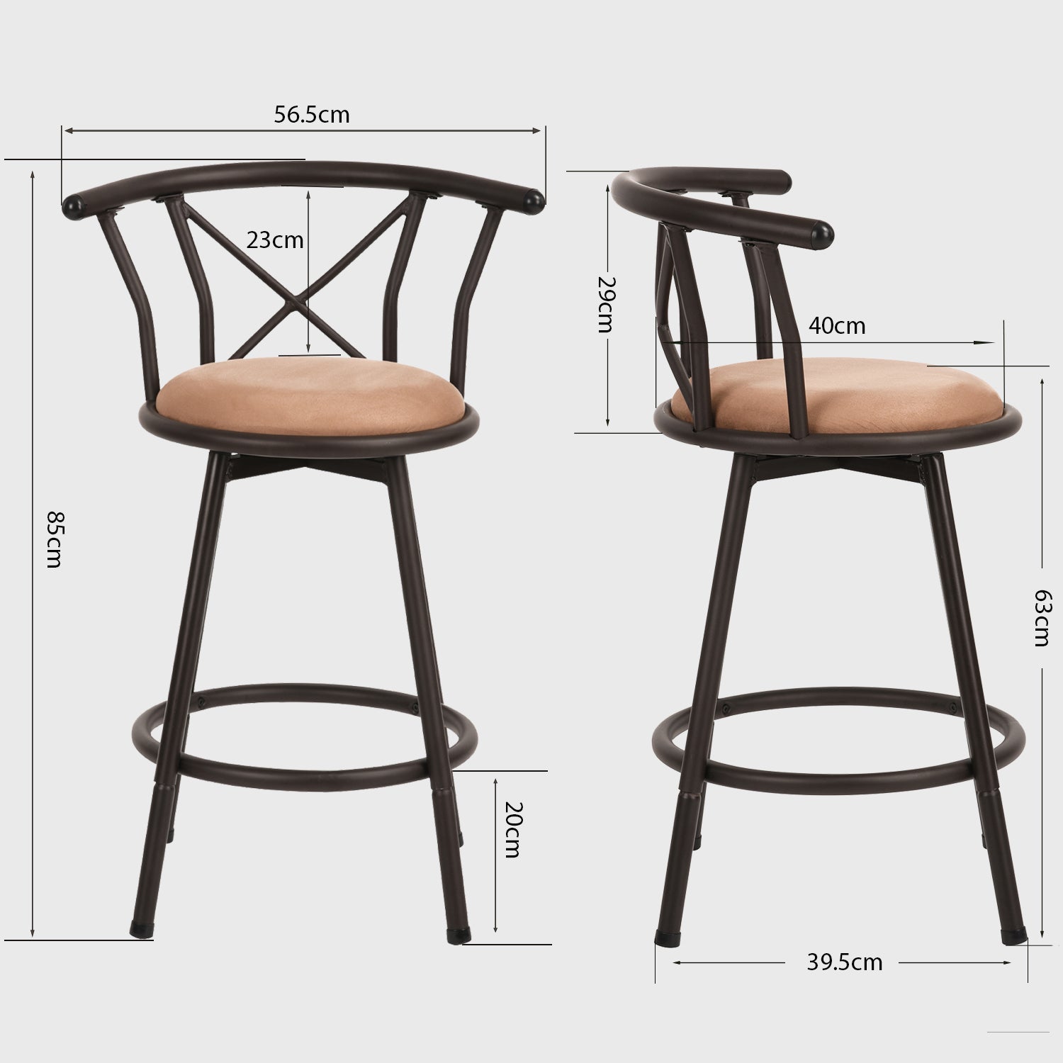 Lot de 6 tabourets de bar industriels pivotants avec dossier en tissu marron - HAILEY 24