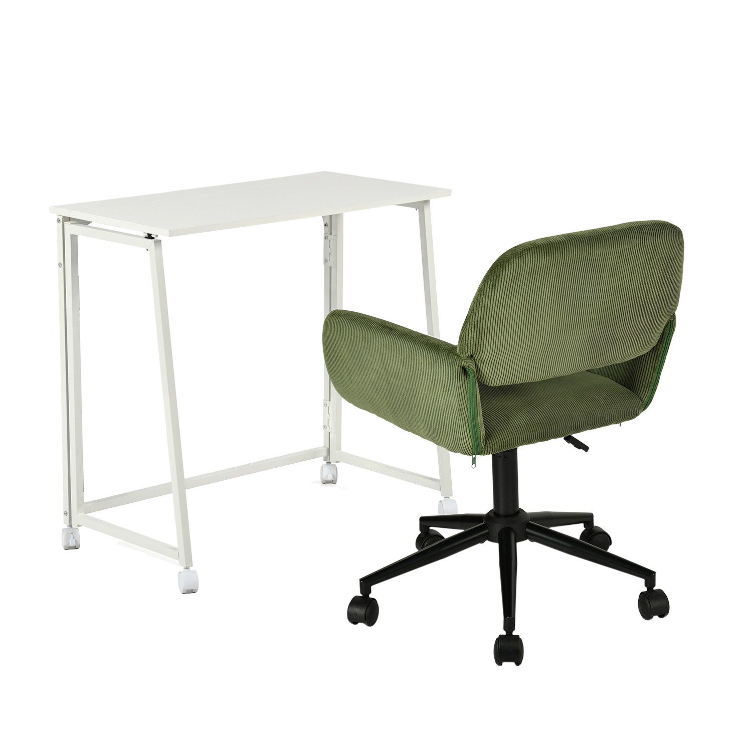 Ensemble avec bureau pliable blanc à roulettes et fauteuil en velours côtelé vert olive - ASCOLI & ROSS