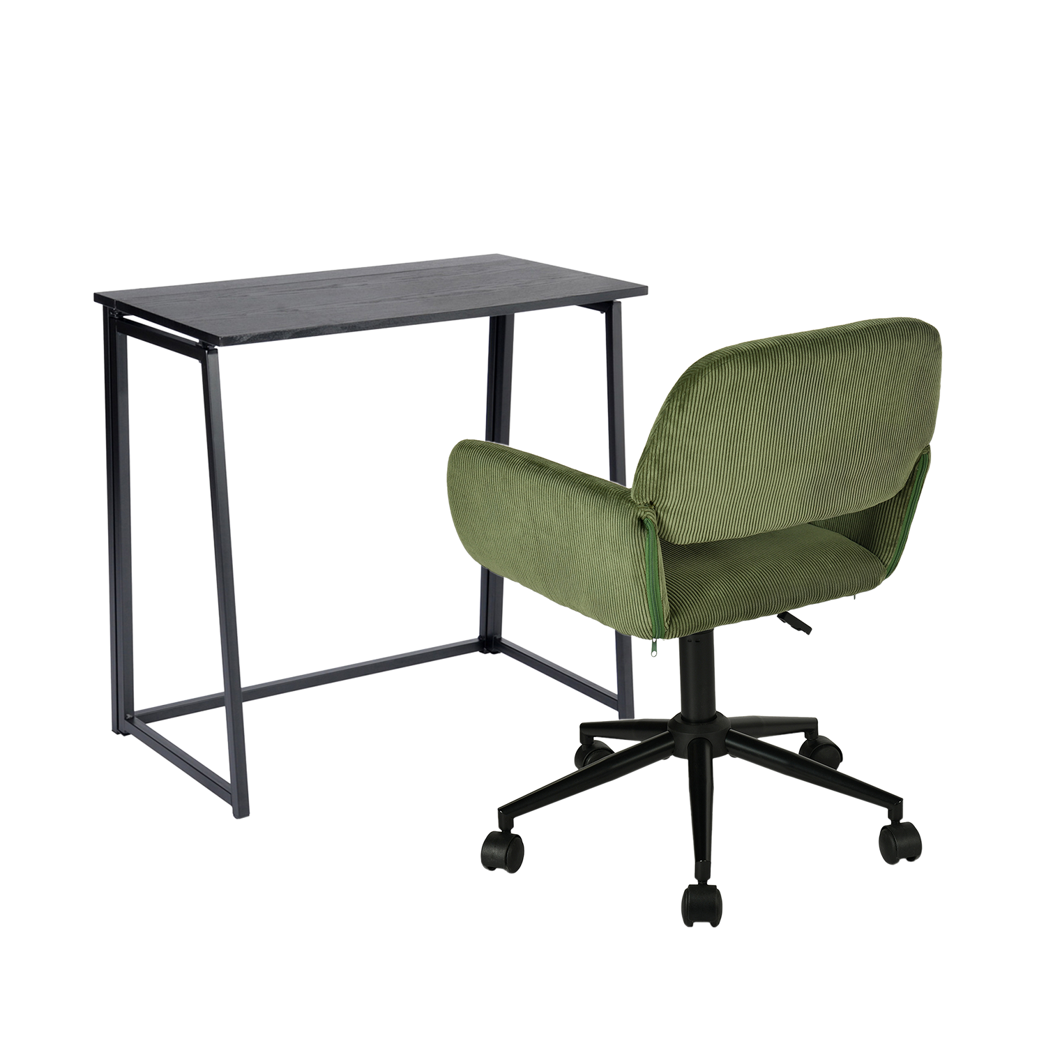 Black metal folding desk and olive green corduroy office chair set – ASCOLI & ROSS
