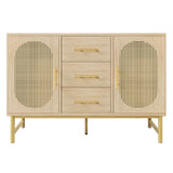 Eichen-Caning-Buffet mit 3 Schubladen, 2 Türen, einstellbaren Regalen und Anti-Breeching-Geräte-120 × 40 × 74 cm