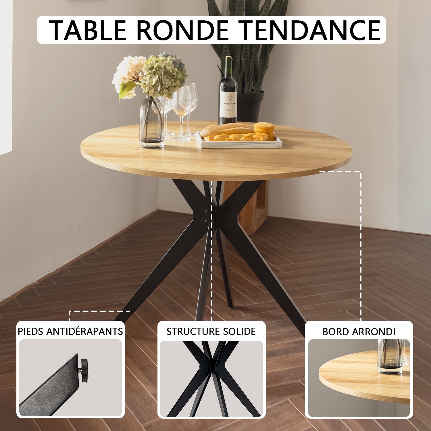 Ensemble table à manger ronde en chêne avec pieds en forme de X et 2 fauteuils en tissu beige de style scandinave pour salle à manger