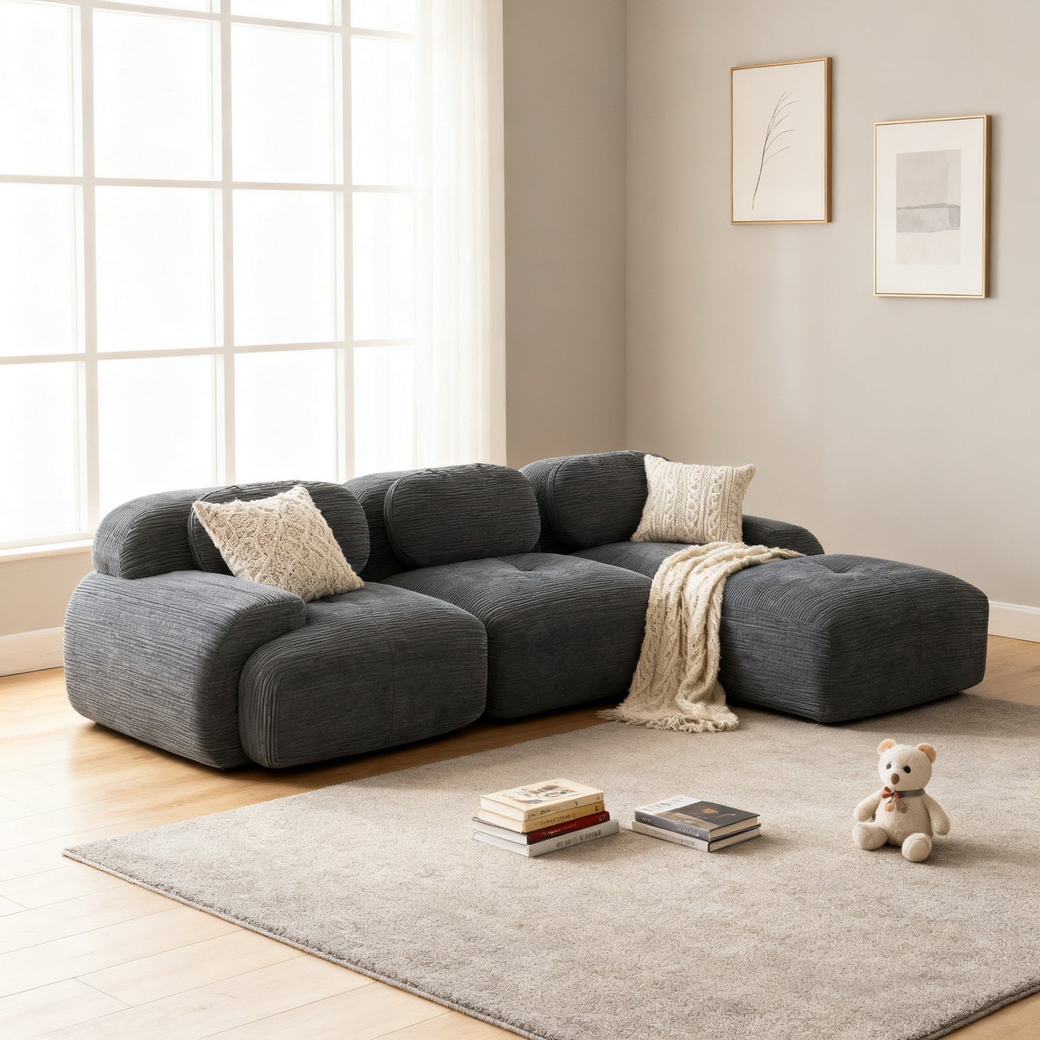2-Sitzer-Schlafsofa aus dunkelgrauem Stoff mit Seitentaschen, modernes Schlafsofa