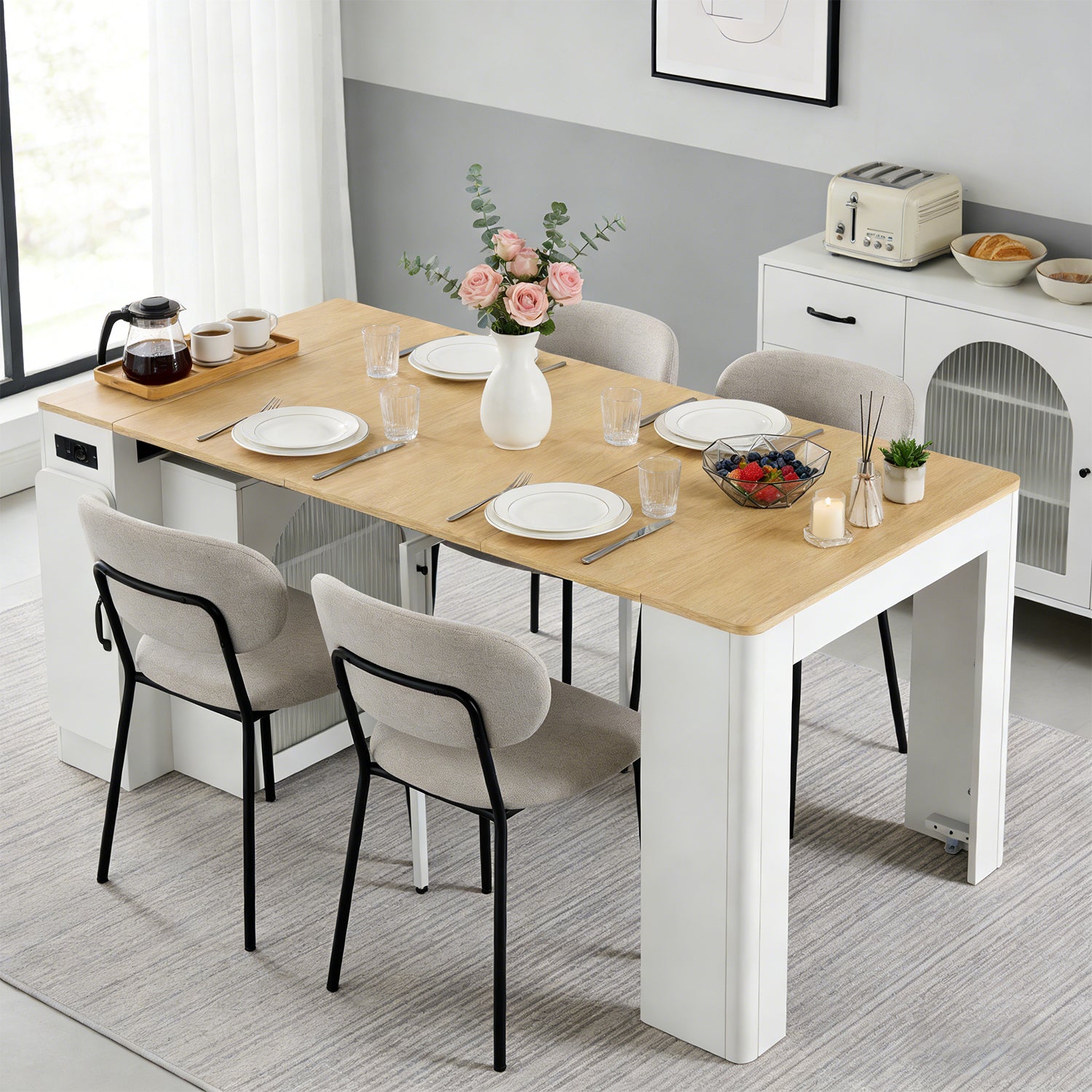 Îlot de cuisine mobile blanc avec plateau extensible et fonction de recharge