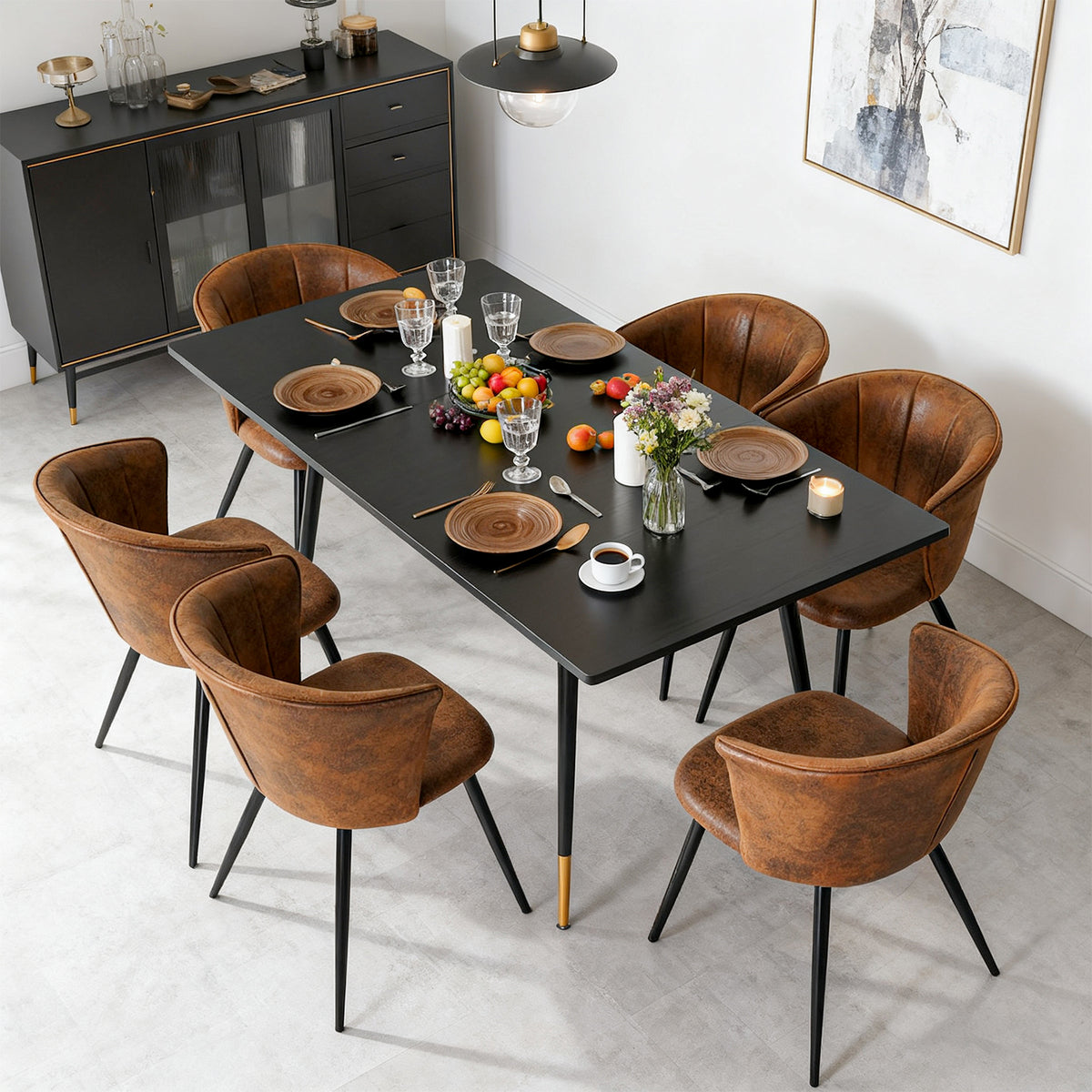 Round Table Table Table Table Timber Ø80 cm with 4 black velvet chairs, modern and comfortable style