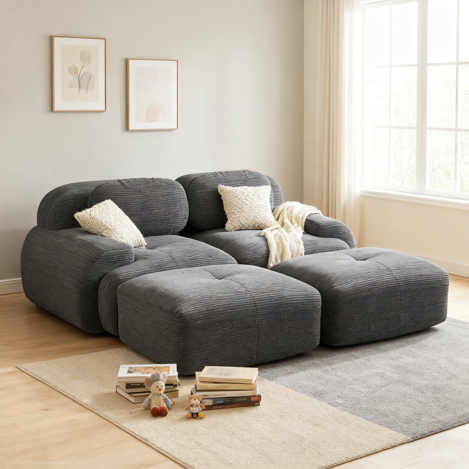 2-Sitzer-Schlafsofa aus dunkelgrauem Stoff mit Seitentaschen, modernes Schlafsofa