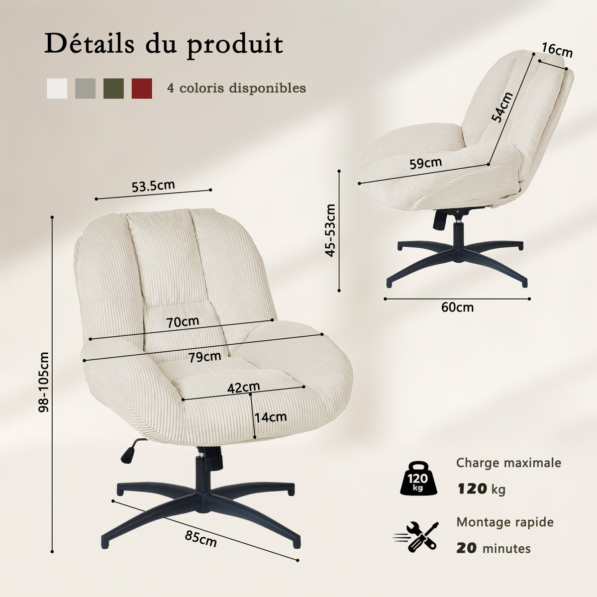 Einstellbare ergonomische Büro -Sessel mit Stoff Armlehnen weiße Schleife - Thomasina
