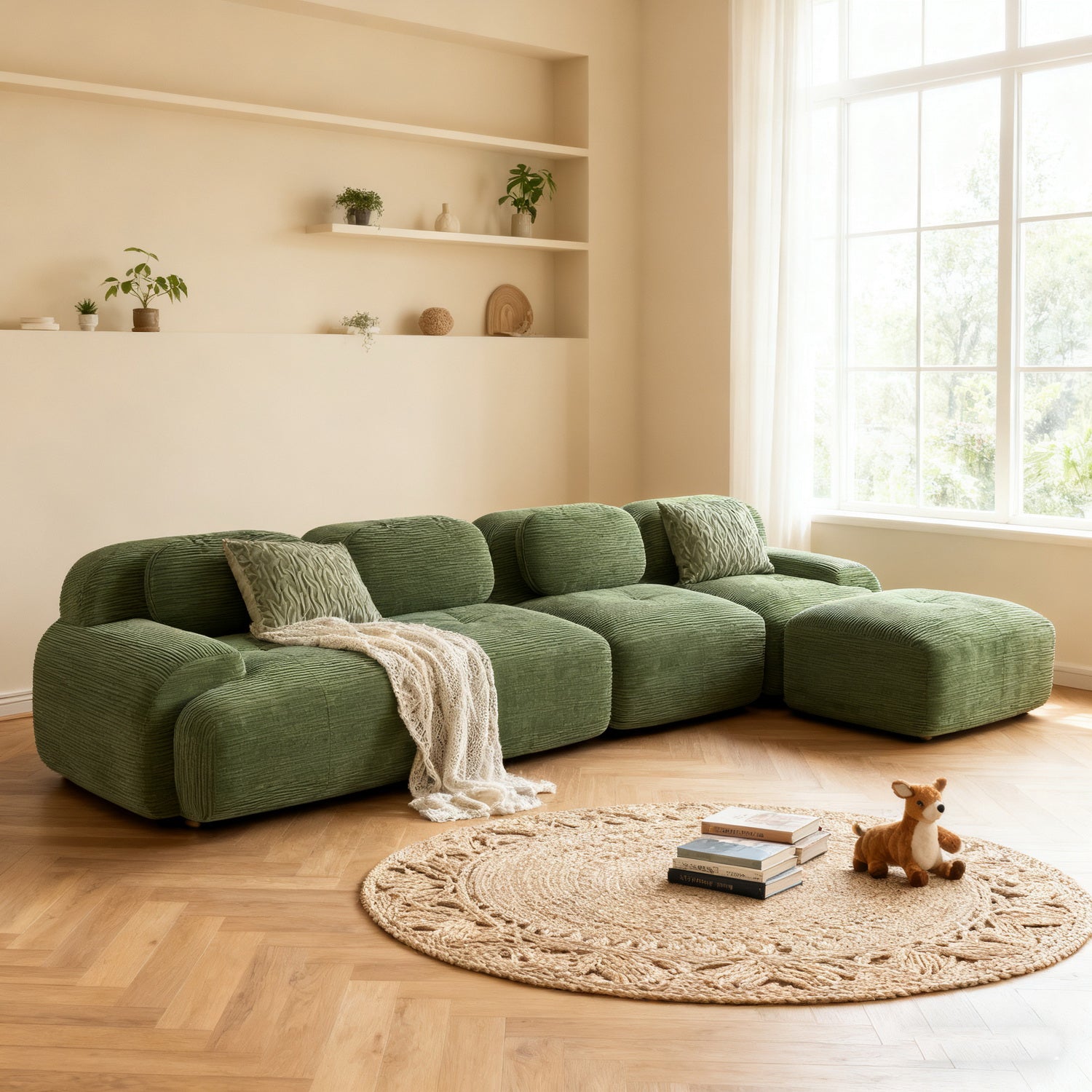 Ensemble de canapés avec accoudoirs incurvés et base antidérapante en tissu velours côtelé doux pour le salon, vert, siège 4+tabouret 1