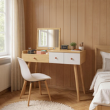 Coiffeuse en bois avec miroir rabattable, 3 tiroirs de rangement et design naturel blanc â€?100x40x78 cm