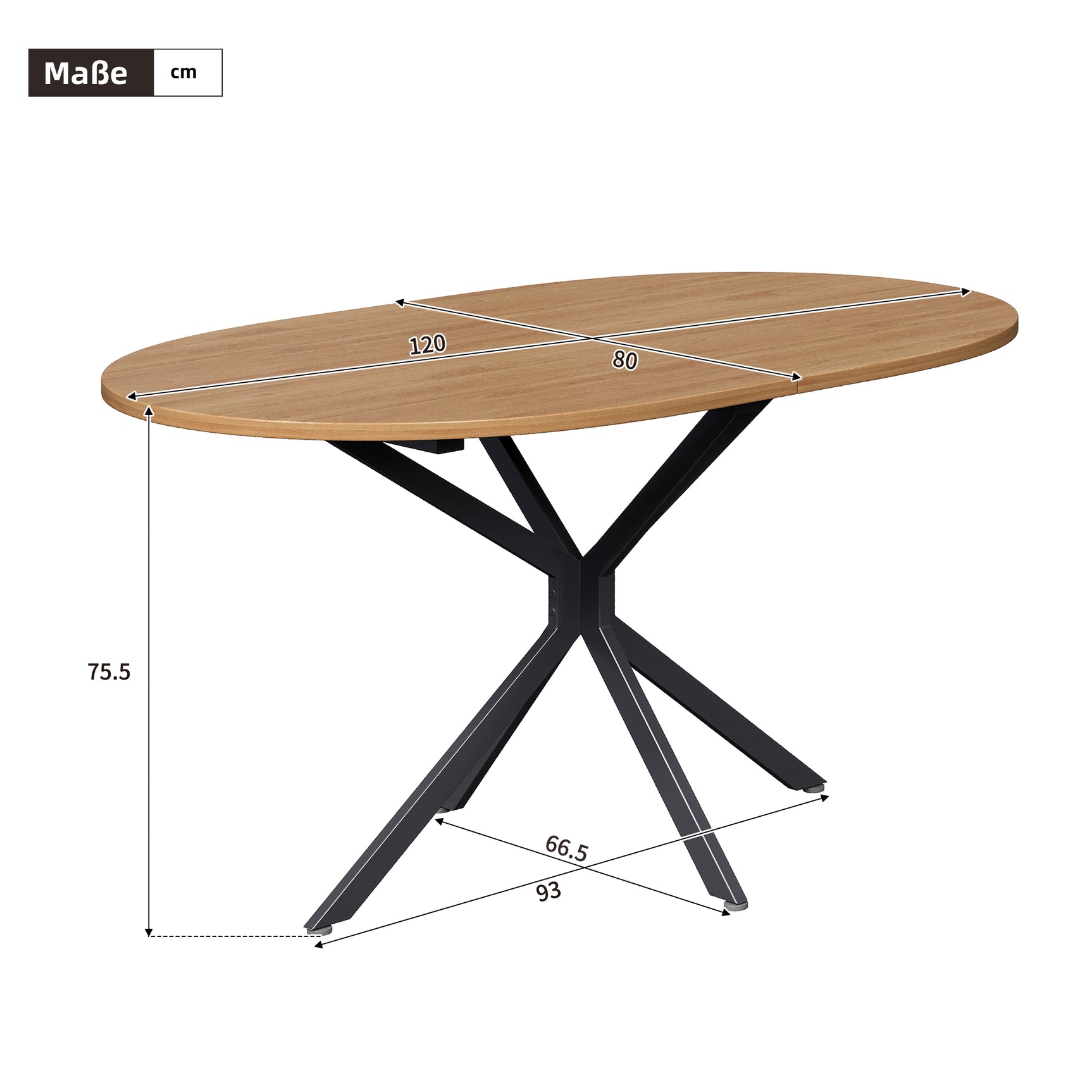 Table à manger ovale aspect naturel avec pieds métalliques en croix pour 4 à 6 personnes