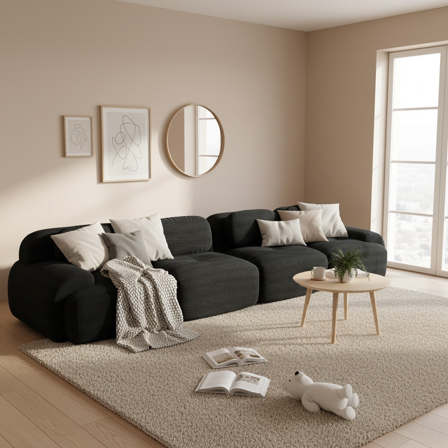 Ensemble de canapés avec accoudoirs incurvés et base antidérapante en tissu velours côtelé doux pour le salon, noir, siège 4