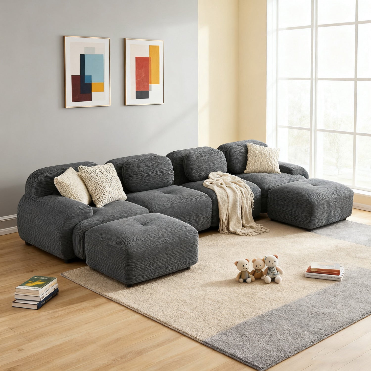 2-seater sofa bed in dark gray fabric with side pockets, modern convertible sofa