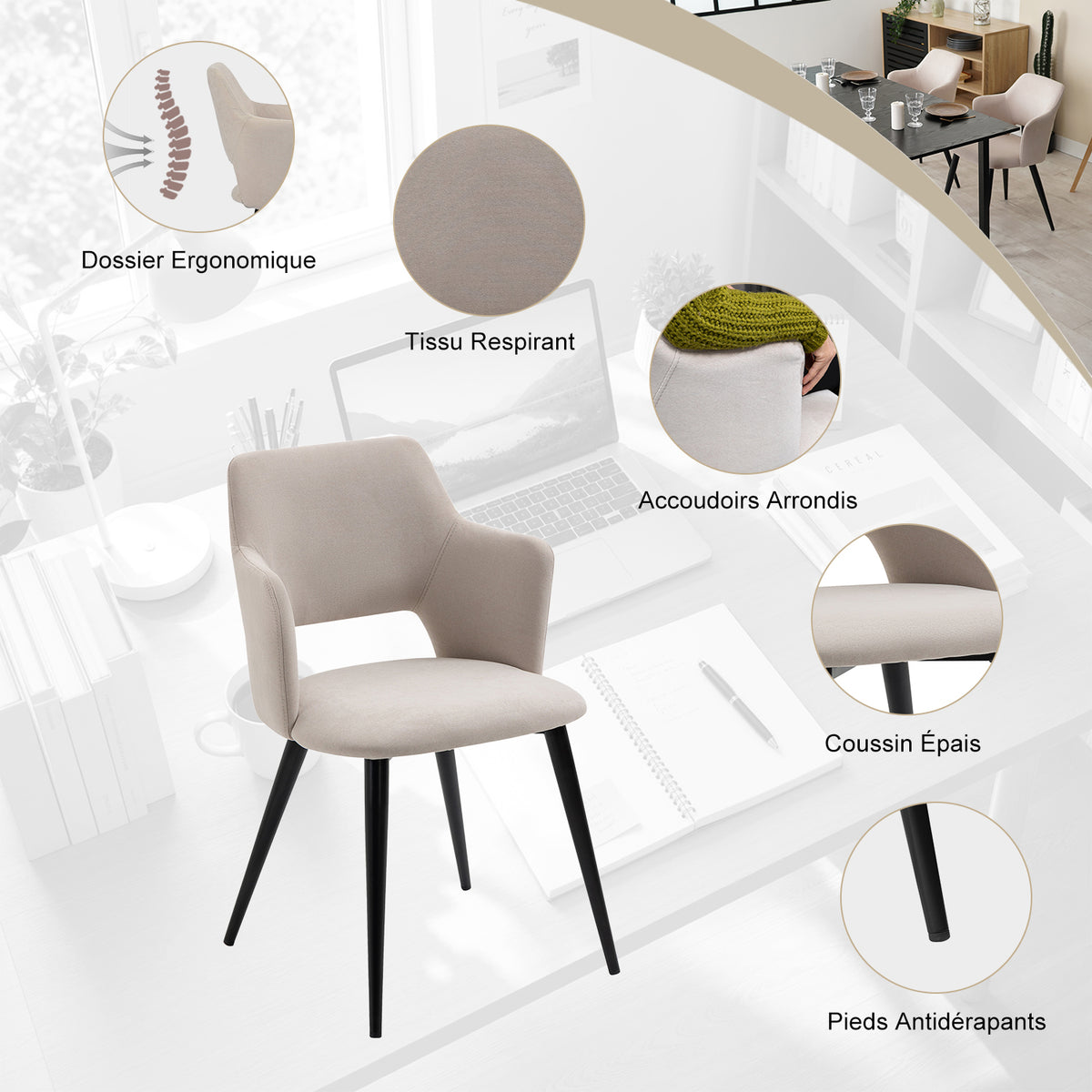 Ensemble de salle à manger comprenant une table extensible et 4 fauteuils avec accoudoirs en tissu beige